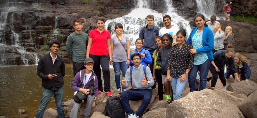 Waterfall with group of students